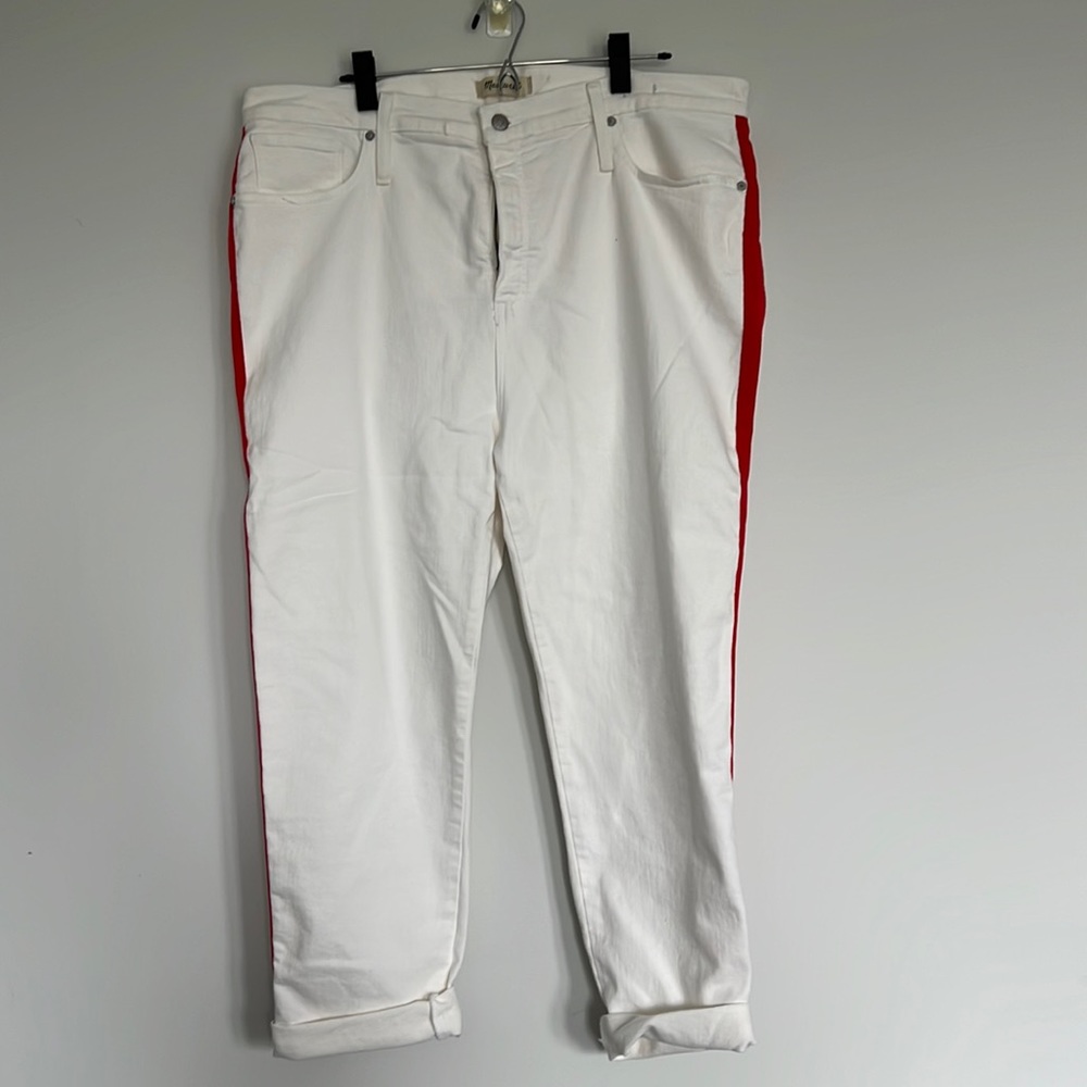 Made well white denim jeans with red ribbon side stripe. Size 35 waist. NWT